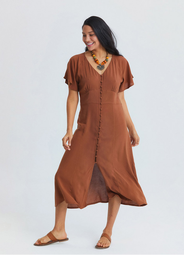 Full Length Buttoned Batwing Sleeve Coffee-Coloured Everyday Dress 4801