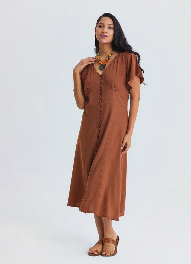 Full Length Buttoned Batwing Sleeve Coffee-Coloured Everyday Dress 4801