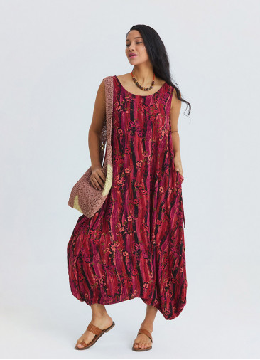 Boat Neck Loose Fit Red Authentic Dress with Pockets 4827