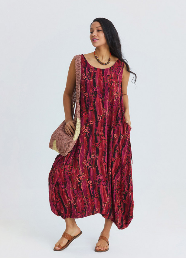 Boat Neck Loose Fit Red Authentic Dress with Pockets 4827