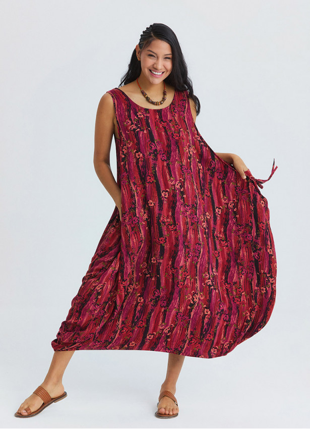 Boat Neck Loose Fit Red Authentic Dress with Pockets 4827