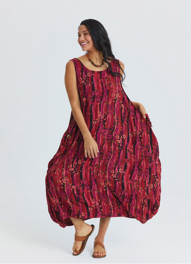 Boat Neck Loose Fit Red Authentic Dress with Pockets 4827