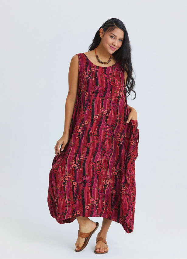 Boat Neck Loose Fit Red Authentic Dress with Pockets 4827