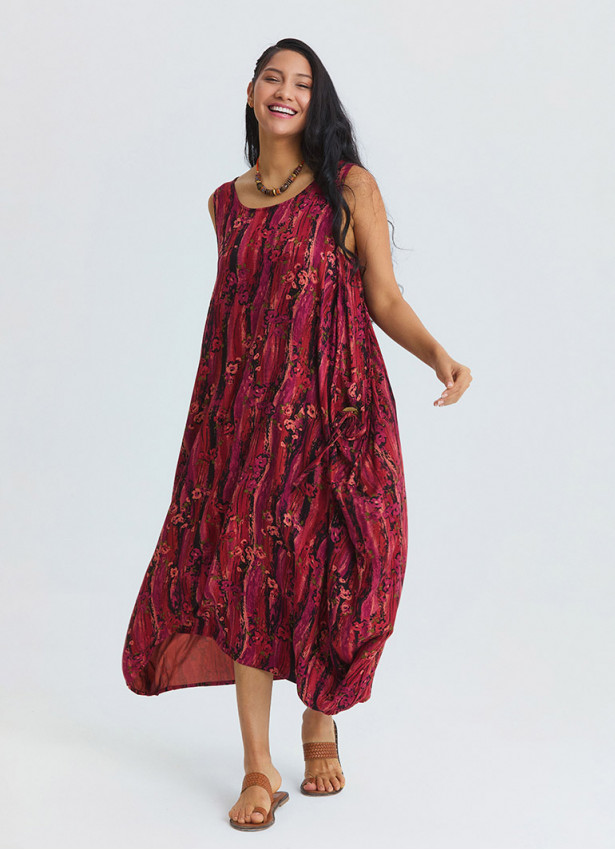 Boat Neck Loose Fit Red Authentic Dress with Pockets 4827