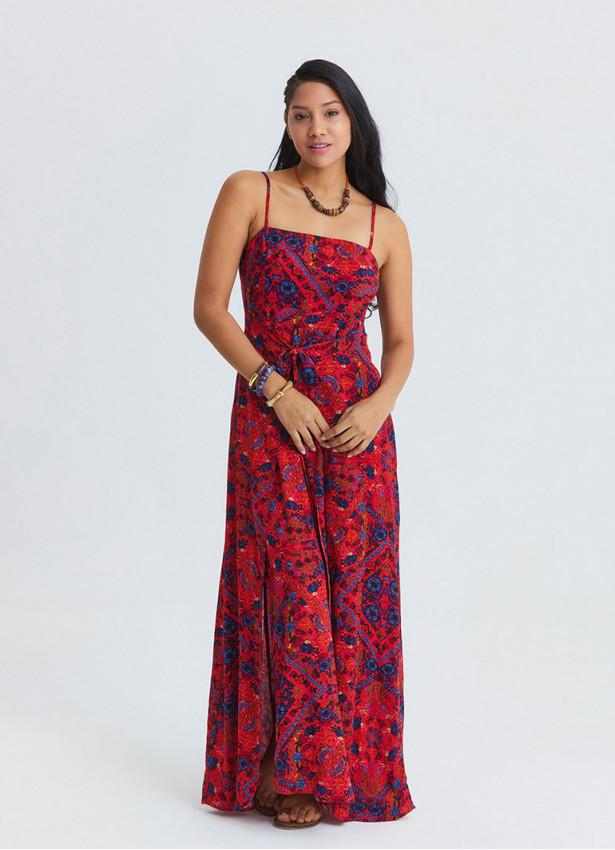 Red Floral Dress with Thin Straps, Side Slit and Tie Detail 4915