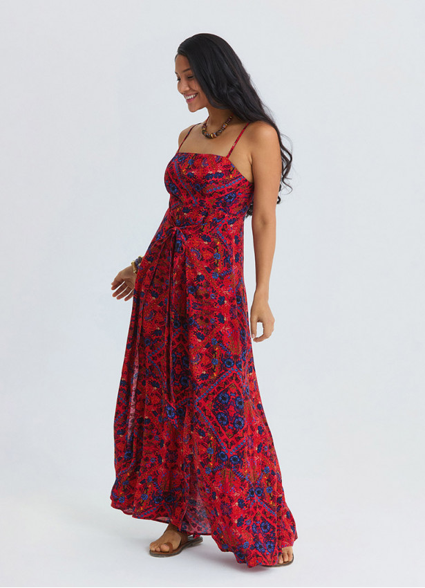 Red Floral Dress with Thin Straps, Side Slit and Tie Detail 4915
