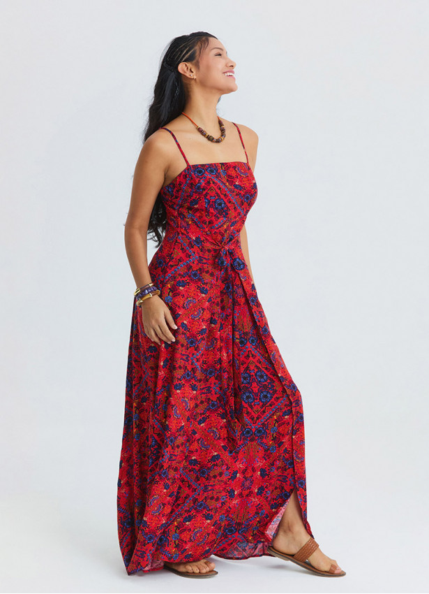 Red Floral Dress with Thin Straps, Side Slit and Tie Detail 4915