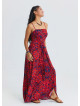 Red Floral Dress with Thin Straps, Side Slit and Tie Detail 4915