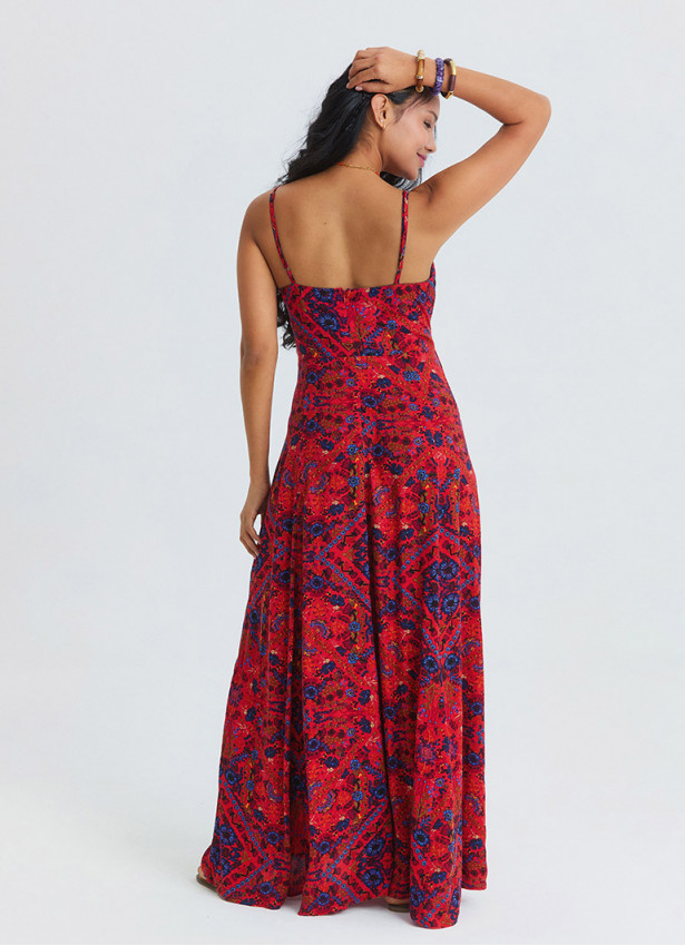 Red Floral Dress with Thin Straps, Side Slit and Tie Detail 4915