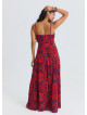 Red Floral Dress with Thin Straps, Side Slit and Tie Detail 4915