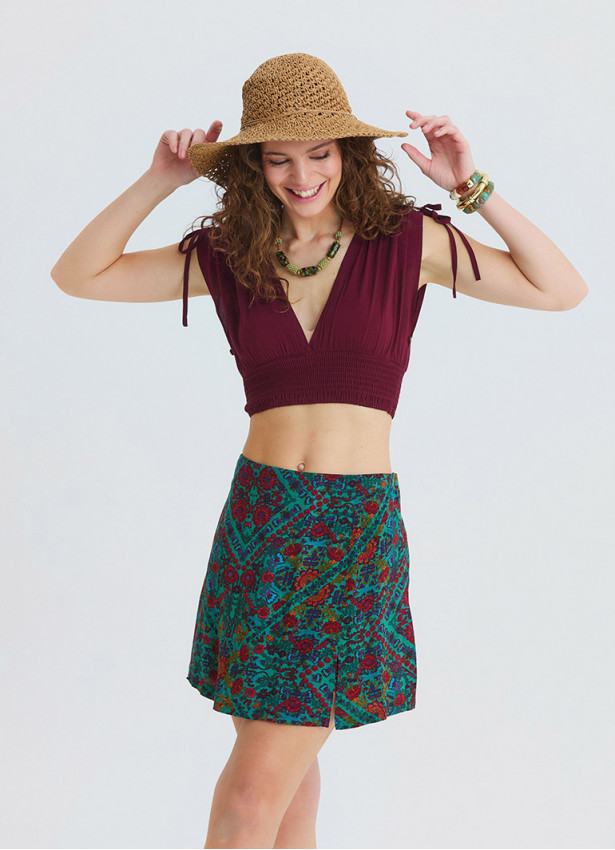 Cross Front Side Zip Green Floral Shorts Skirt 4941