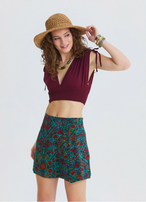 Cross Front Side Zip Green Floral Shorts Skirt 4941