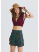 Cross Front Side Zip Green Floral Shorts Skirt 4941