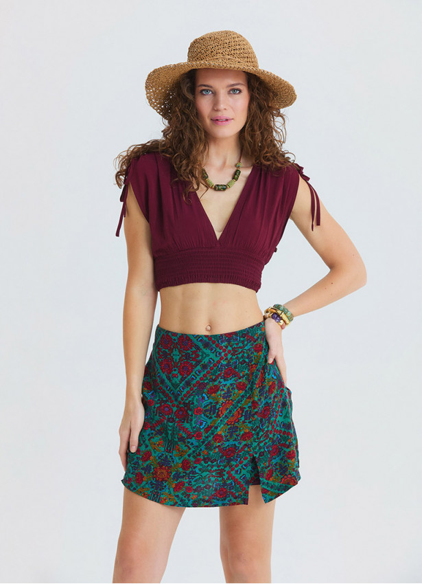 Cross Front Side Zip Green Floral Shorts Skirt 4941