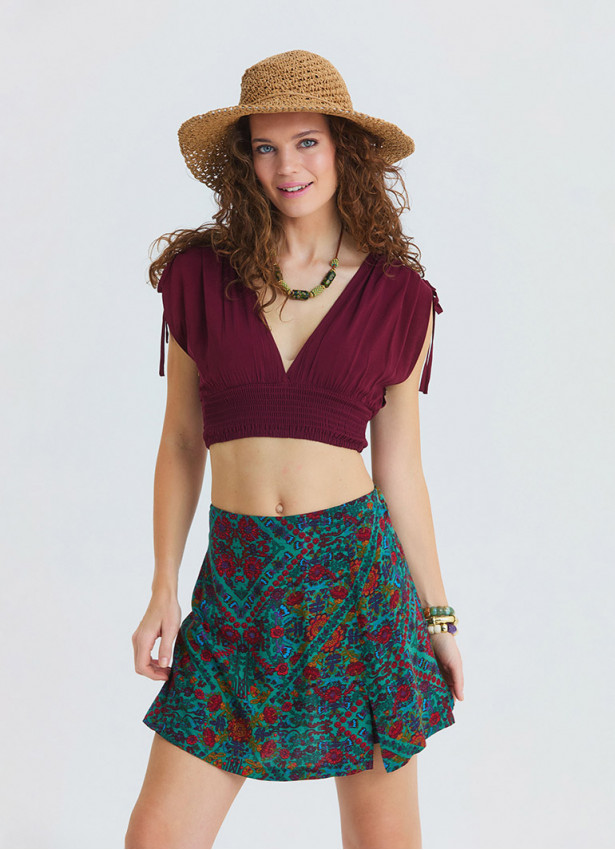 Cross Front Side Zip Green Floral Shorts Skirt 4941