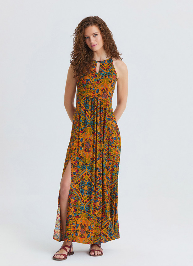 Halter Neck Backless Slit Mustard Floral Dress 4834