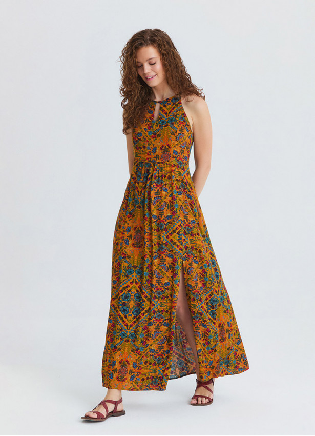 Halter Neck Backless Slit Mustard Floral Dress 4834