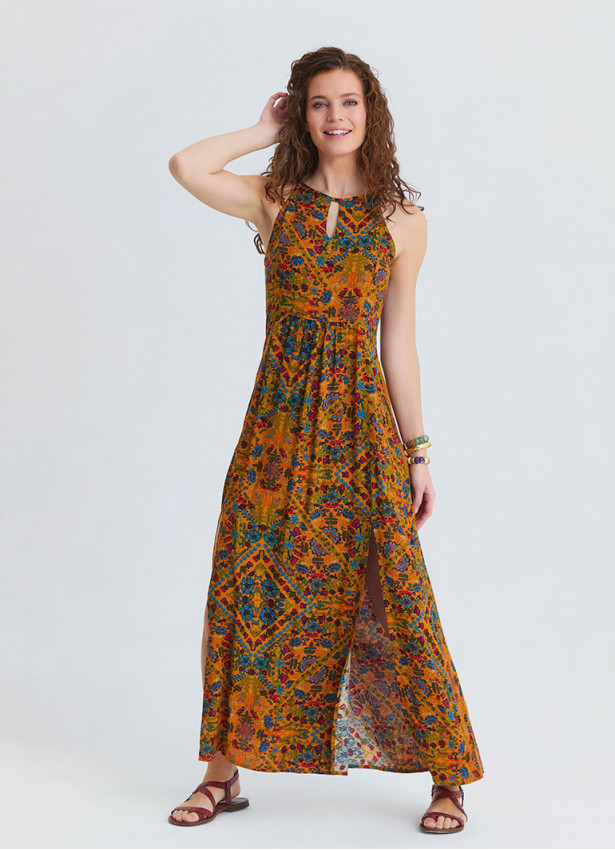 Halter Neck Backless Slit Mustard Floral Dress 4834