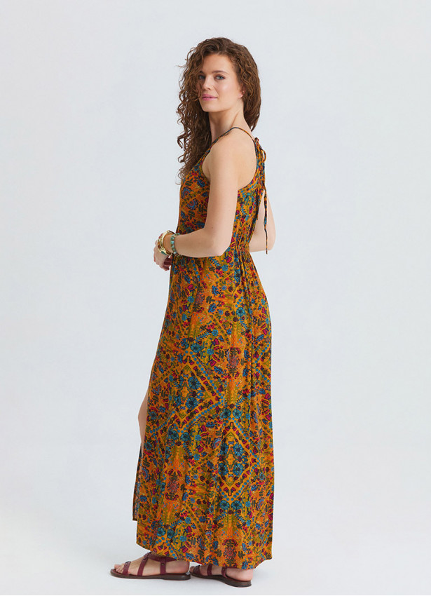 Halter Neck Backless Slit Mustard Floral Dress 4834