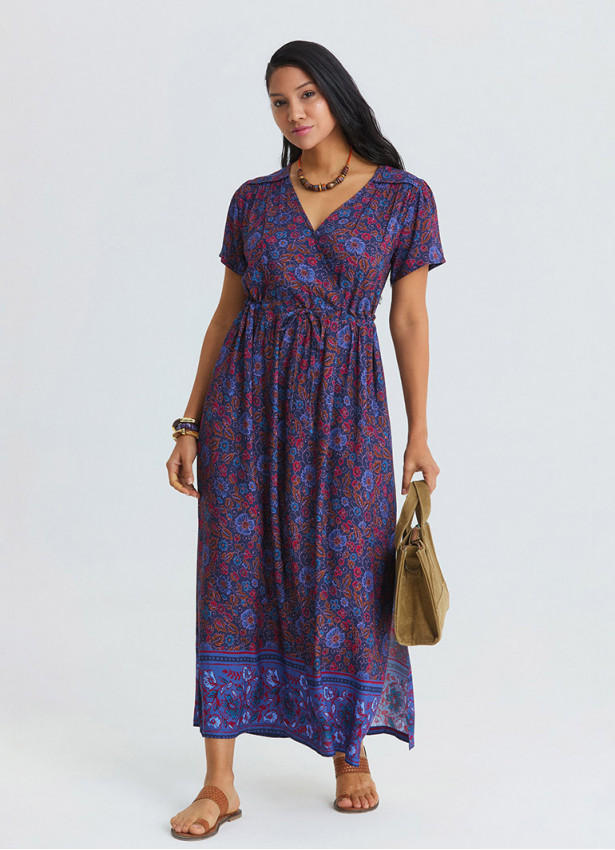 V Neck Slit Dress with Tie Front Detail and Blue Floral Print 4956