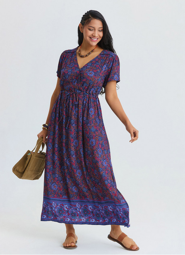 V Neck Slit Dress with Tie Front Detail and Blue Floral Print 4956