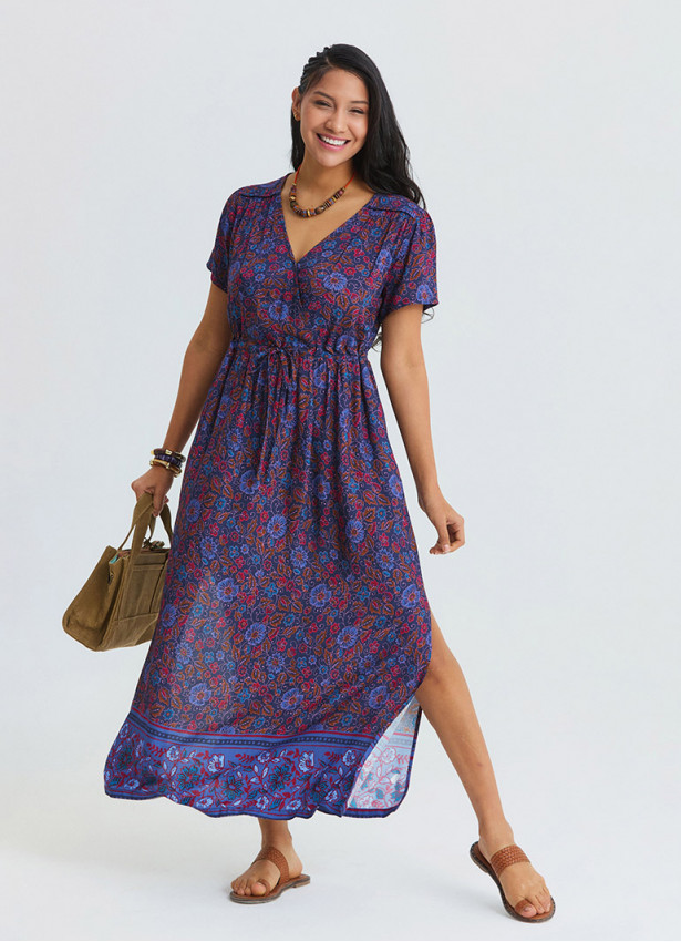 V Neck Slit Dress with Tie Front Detail and Blue Floral Print 4956