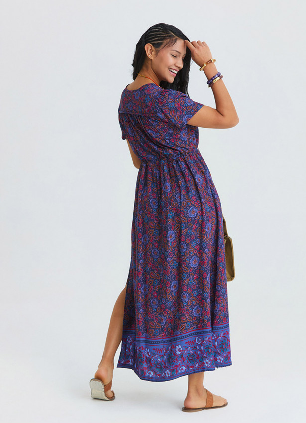 V Neck Slit Dress with Tie Front Detail and Blue Floral Print 4956