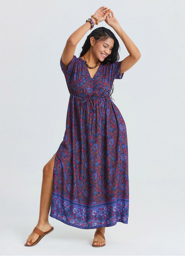 V Neck Slit Dress with Tie Front Detail and Blue Floral Print 4956