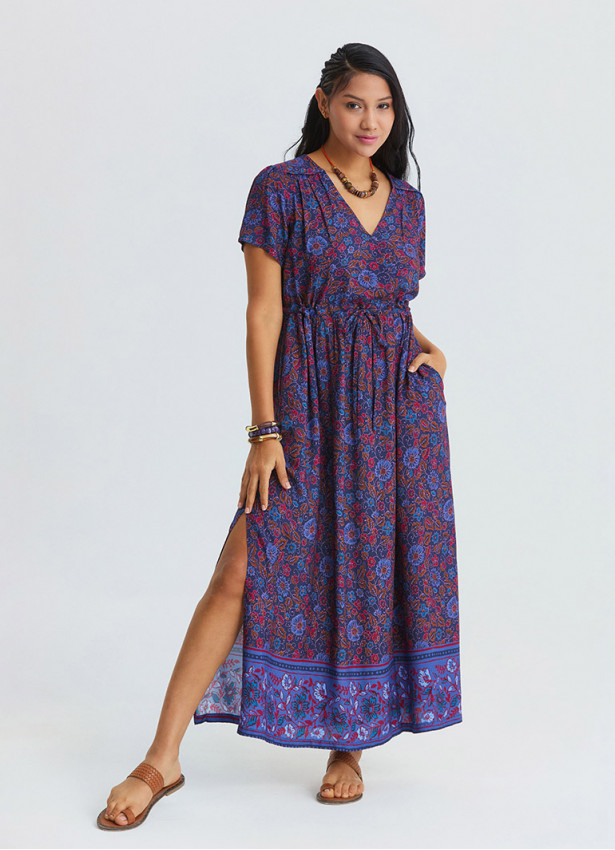 V Neck Slit Dress with Tie Front Detail and Blue Floral Print 4956