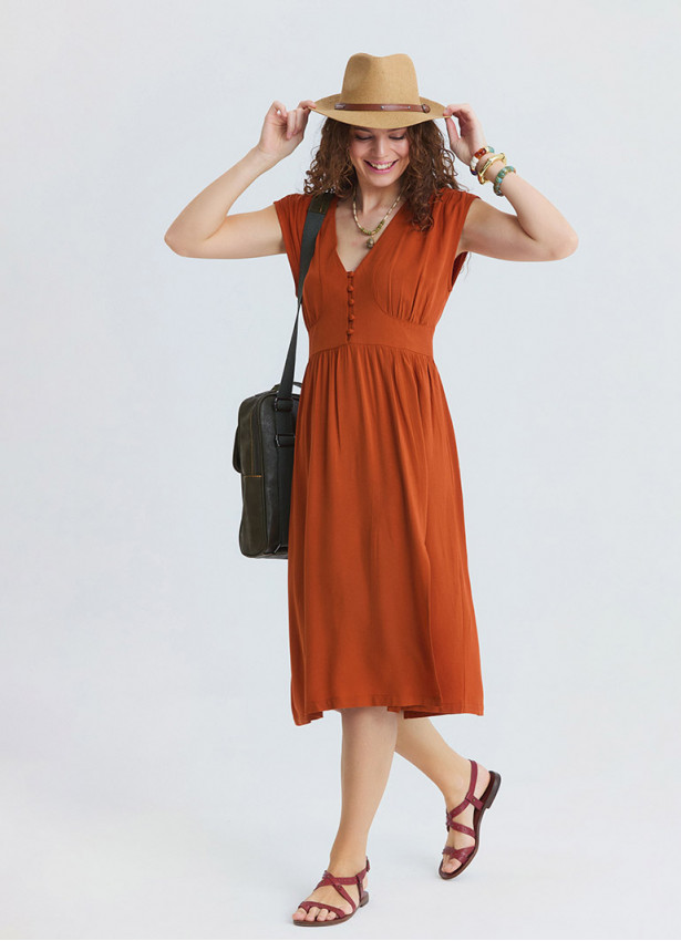 V Neck Backless Brick Midi Dress 4792