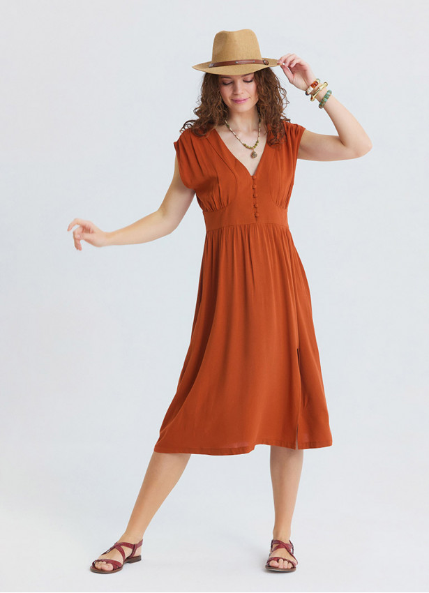 V Neck Backless Brick Midi Dress 4792