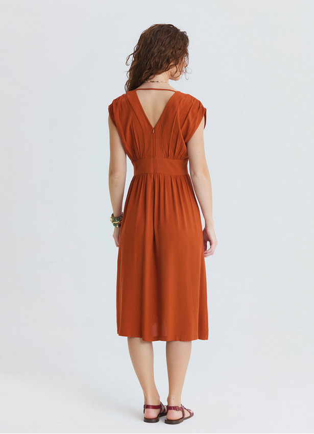 V Neck Backless Brick Midi Dress 4792