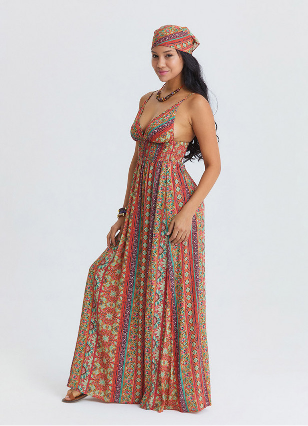 Thin Strapped Backless Orange Ethnic Dress 4821