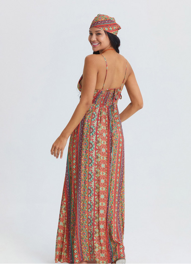 Thin Strapped Backless Orange Ethnic Dress 4821