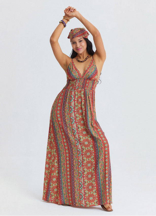 Thin Strapped Backless Orange Ethnic Dress 4821