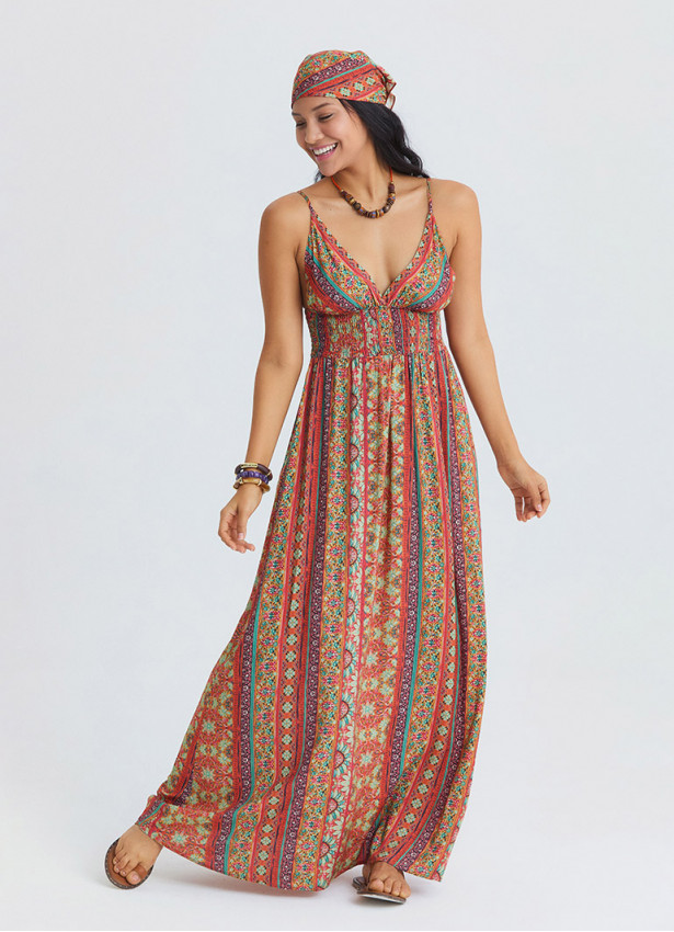 Thin Strapped Backless Orange Ethnic Dress 4821