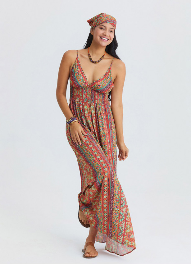 Thin Strapped Backless Orange Ethnic Dress 4821