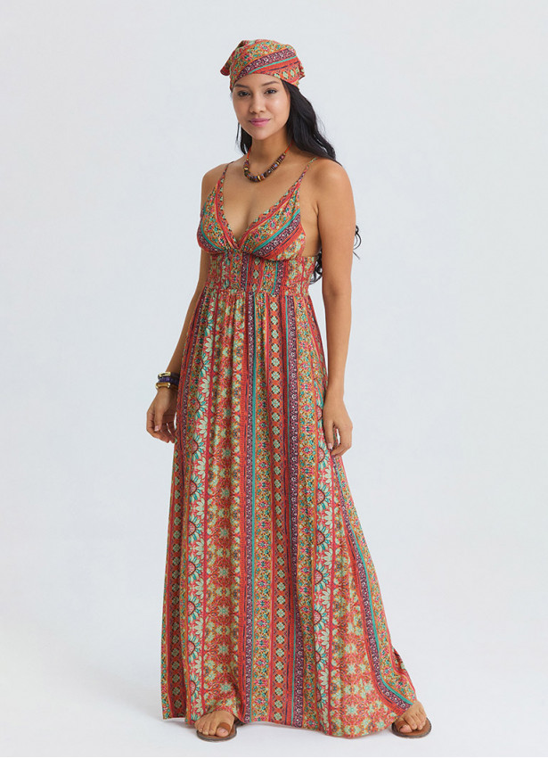 Thin Strapped Backless Orange Ethnic Dress 4821