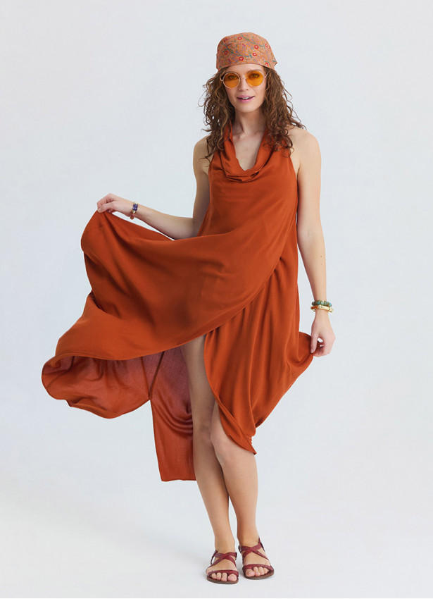 Asymmetrical Collar Tile Patterned Long Dress 4804