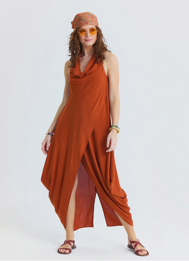 Asymmetrical Collar Tile Patterned Long Dress 4804