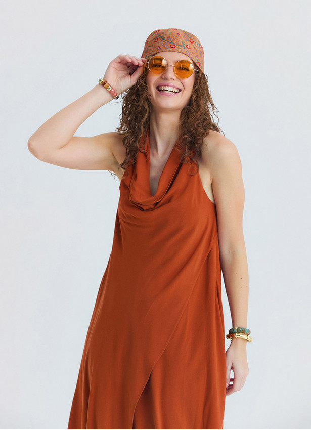 Asymmetrical Collar Tile Patterned Long Dress 4804