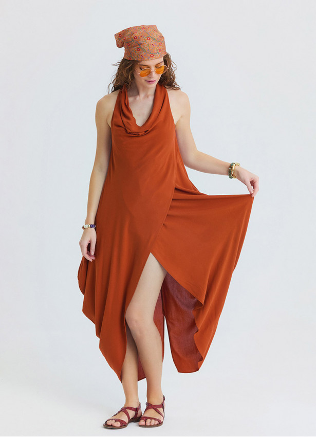 Asymmetrical Collar Tile Patterned Long Dress 4804