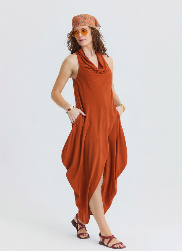 Asymmetrical Collar Tile Patterned Long Dress 4804