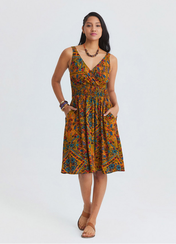 V Neck Strapless Elasticated Waist Mustard Flower Dress 4831