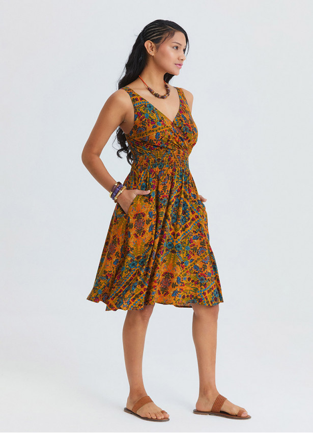 V Neck Strapless Elasticated Waist Mustard Flower Dress 4831