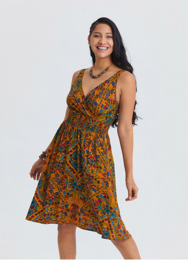 V Neck Strapless Elasticated Waist Mustard Flower Dress 4831