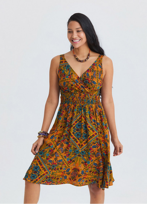 V Neck Strapless Elasticated Waist Mustard Flower Dress 4831