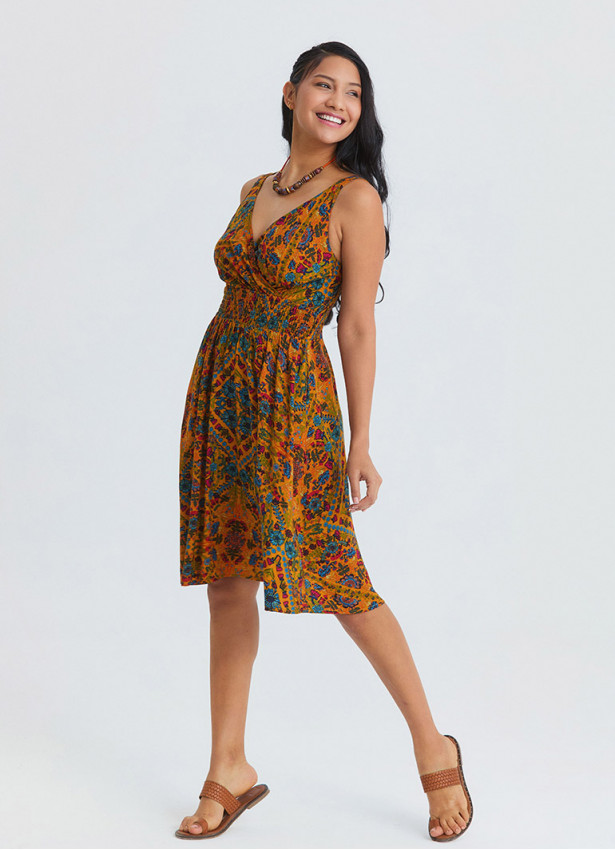 V Neck Strapless Elasticated Waist Mustard Flower Dress 4831