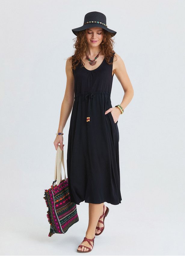 Boat Neck Gathered Detail Black Bohemian Dress 4797