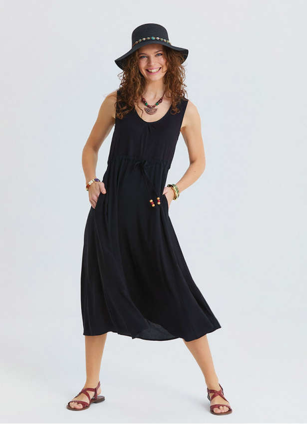 Boat Neck Gathered Detail Black Bohemian Dress 4797